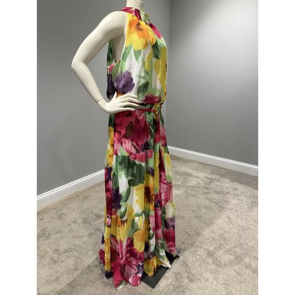 Donna Ricco Mock Neck Belted Sleeveless Floral Chiffon Maxi Dress Size Large - Picture 3 of 11